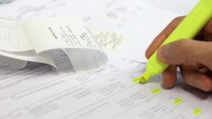 Bookkeeper highlighting a document with receipts